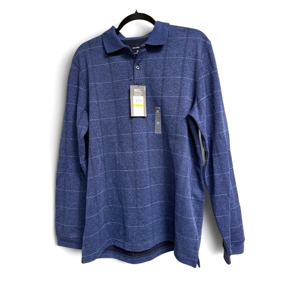 Van Heusen Mens Long Sleeve Polo Shirt Blue Grid Natural Flex Classic Fit M